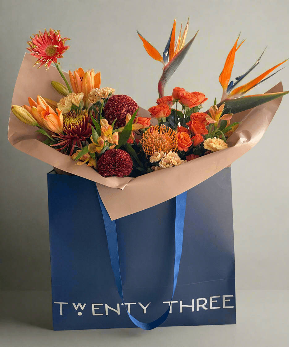 Amber Tropic Bouquet - Twenty Three Flowers & Chocolate