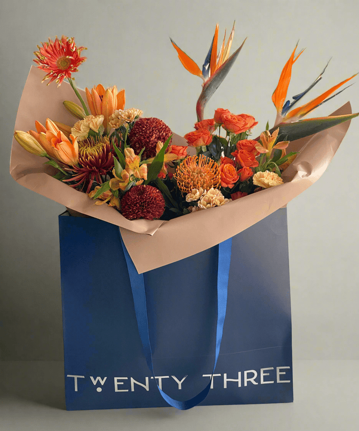 Amber Tropic Bouquet - Twenty Three Flowers & Chocolate
