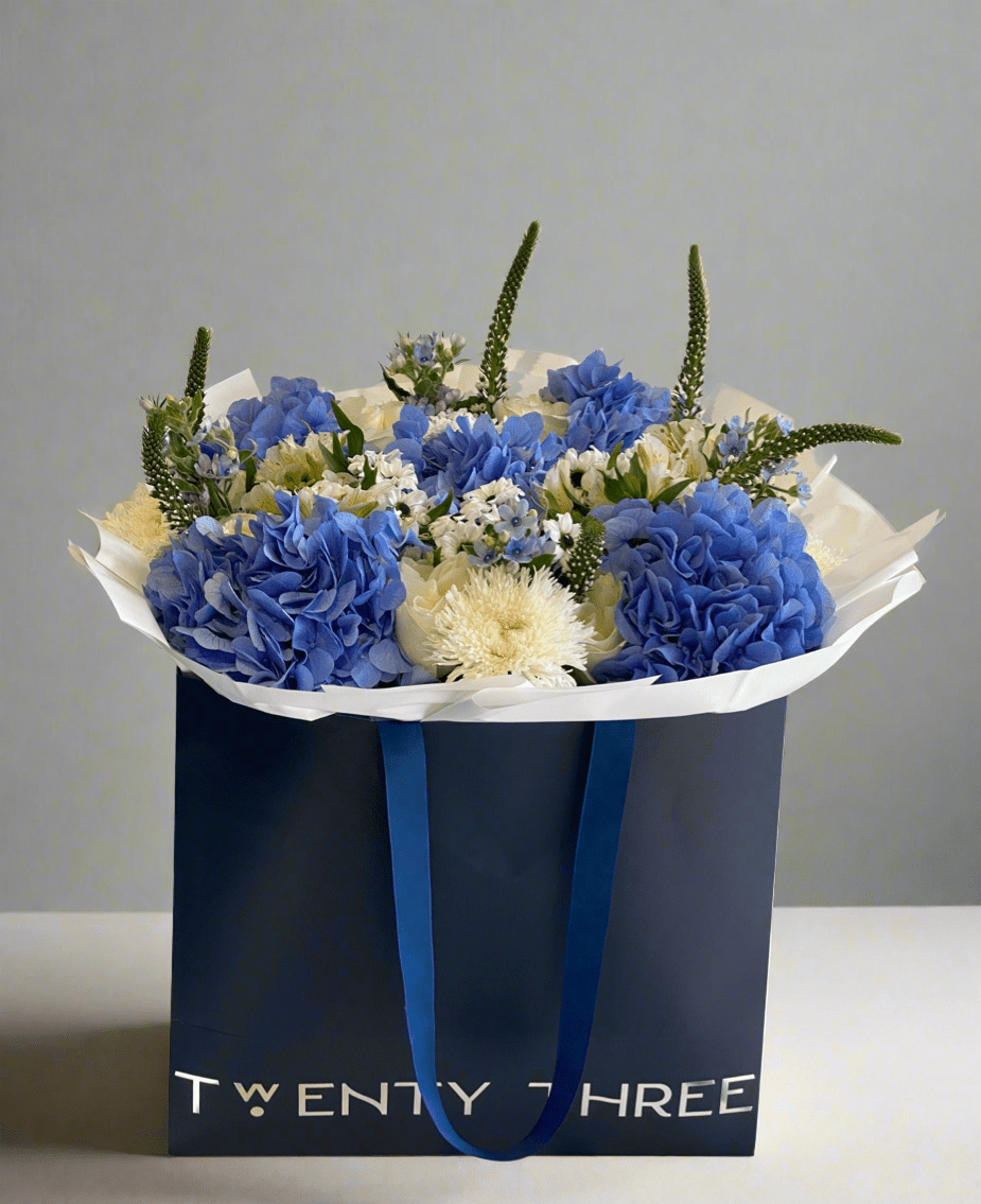 Blue Whisper Bouquet - Twenty Three Flowers & Chocolate
