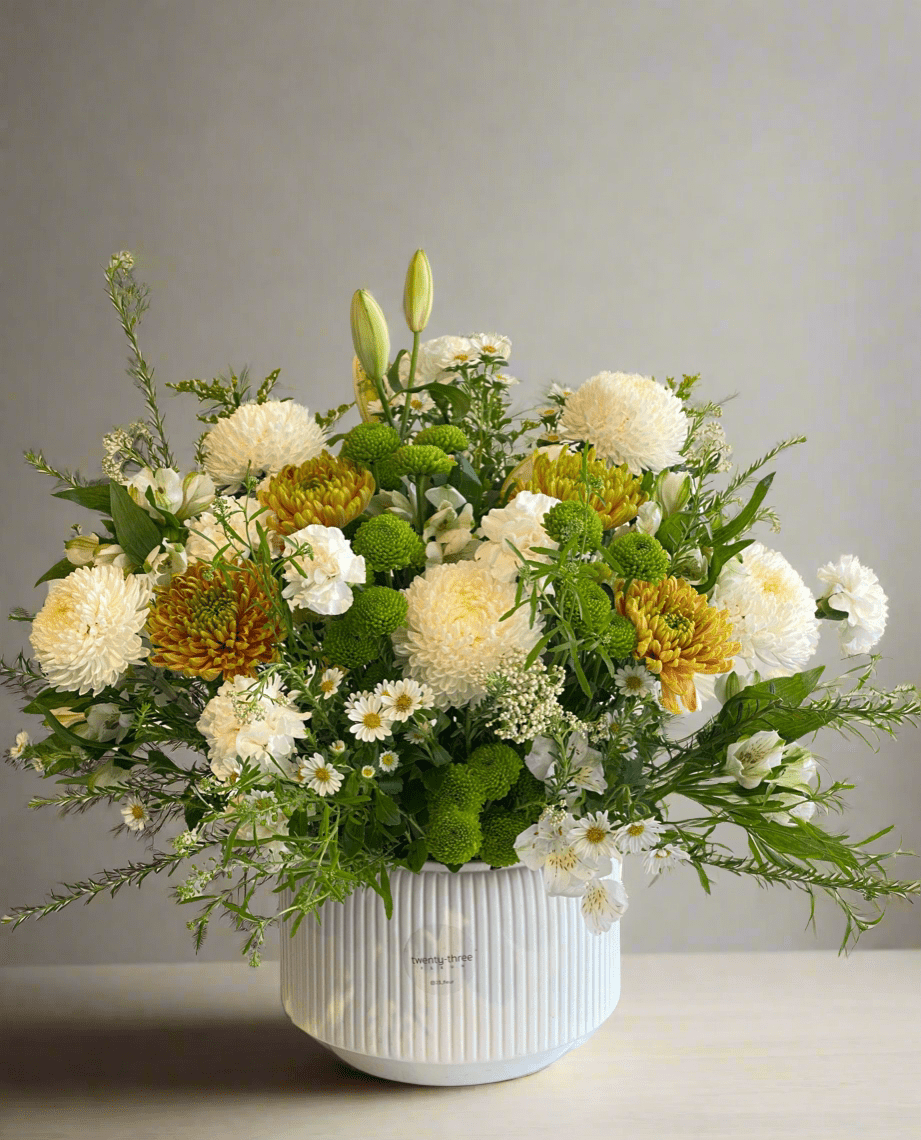 Golden Chrysanthemum Vase - Twenty Three Flowers & Chocolate
