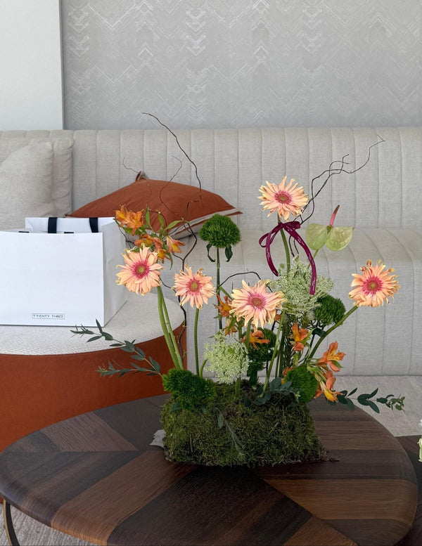 Peach Gerbera Centerpiece - Twenty Three Flowers & Chocolate