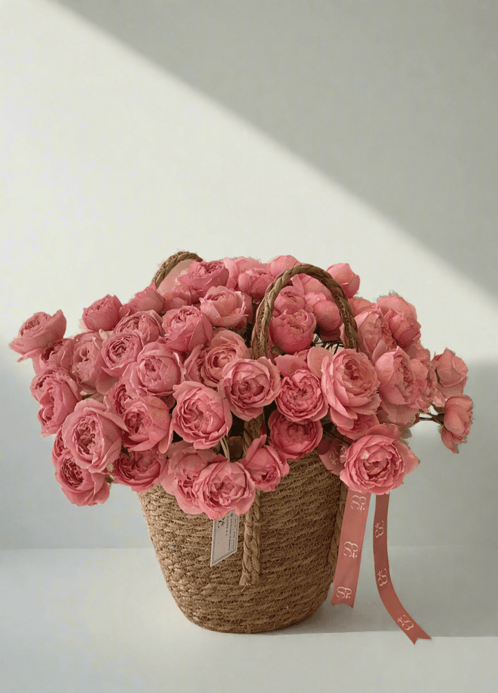 Pink Garden Rose Basket - Twenty Three Flowers & Chocolate