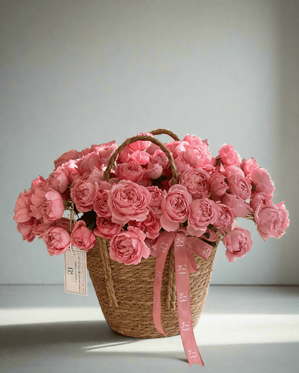 Pink Garden Rose Basket - Twenty Three Flowers & Chocolate