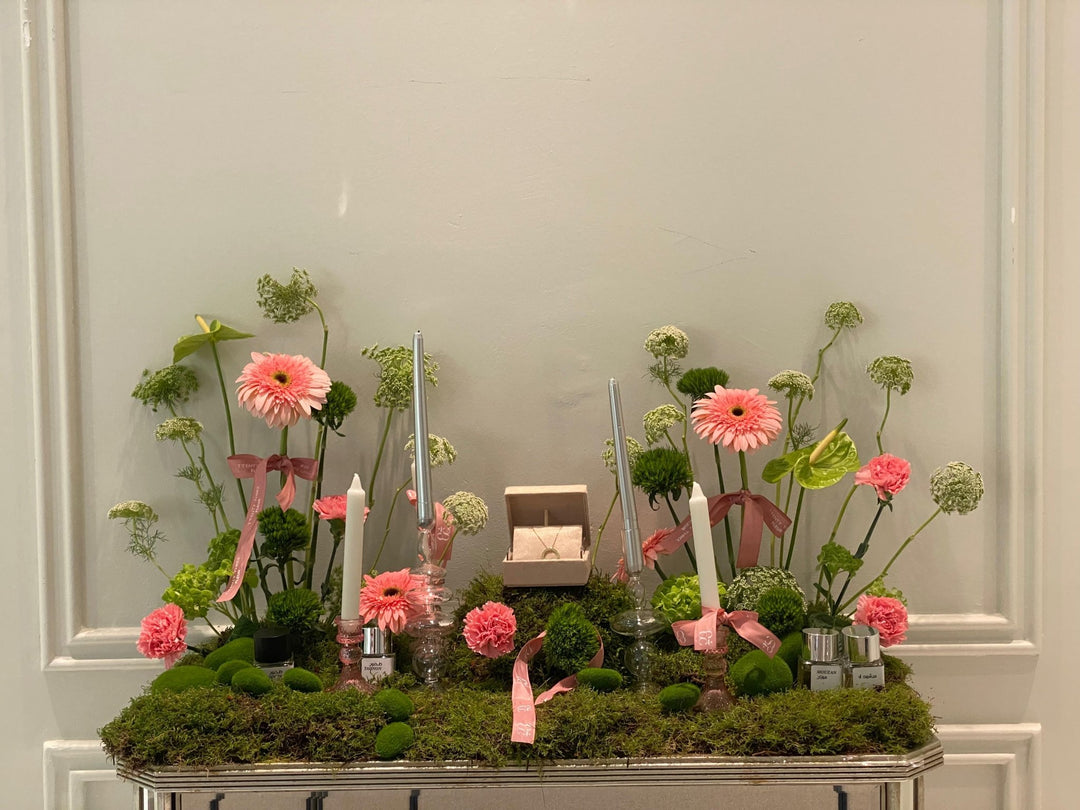 Pink Gerbera Candle Table Arrangement - Twenty Three Flowers & Chocolate