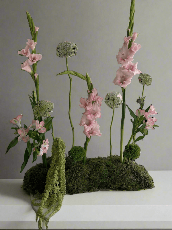 Pink Gladiolus Centerpiece Set - Twenty Three Flowers & Chocolate