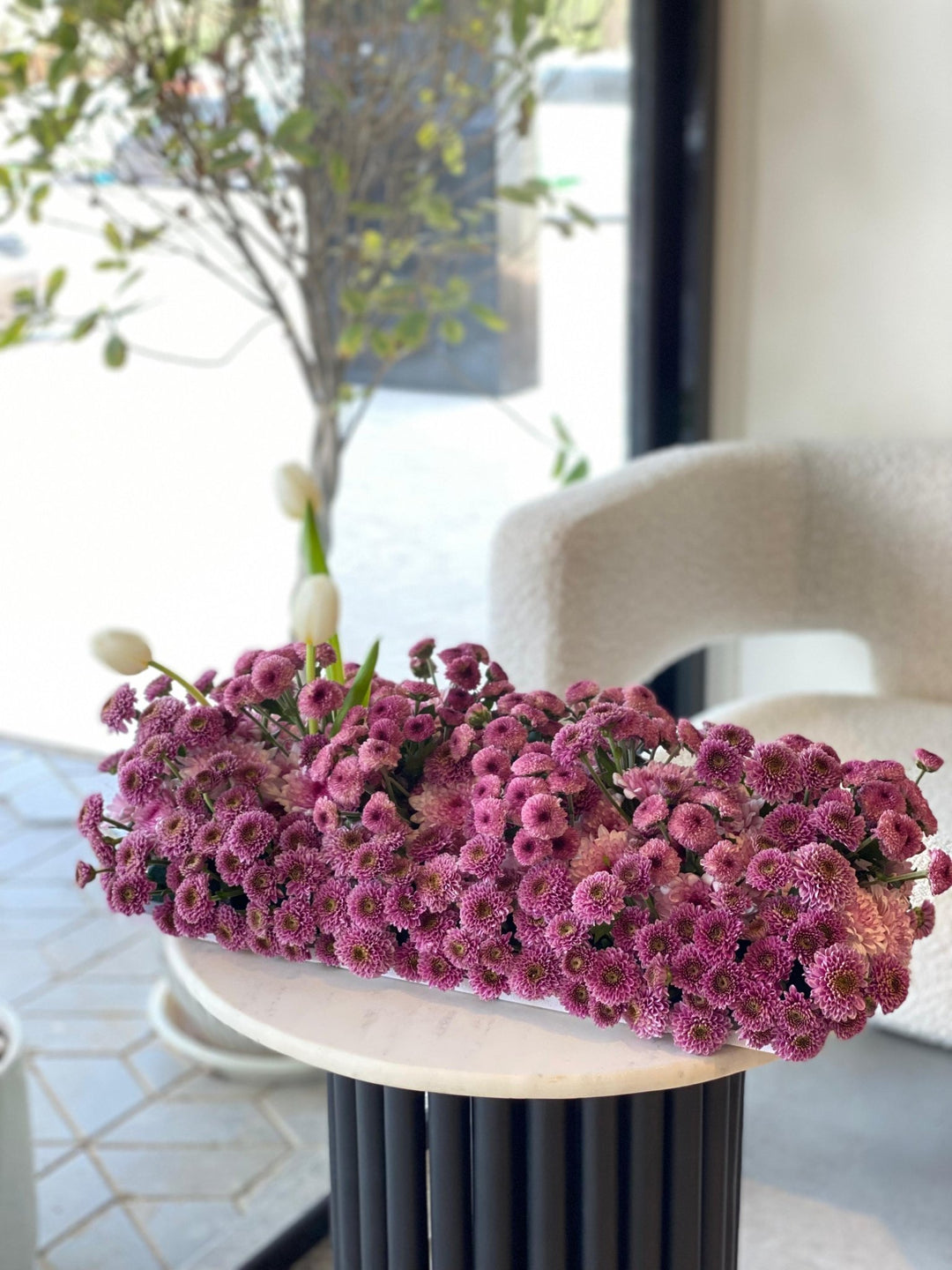 Purple Chrysanthemum Centerpiece - Twenty Three Flowers & Chocolate