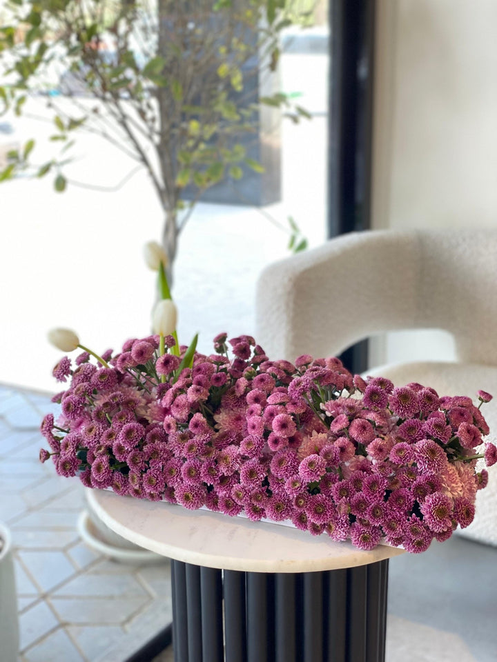 Purple Chrysanthemum Centerpiece - Twenty Three Flowers & Chocolate