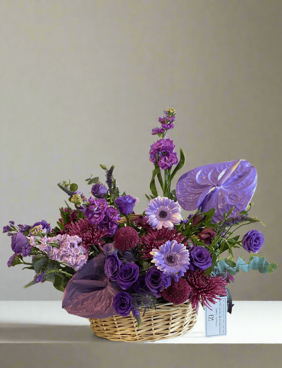 Purple Rose Basket - Twenty Three Flowers & Chocolate