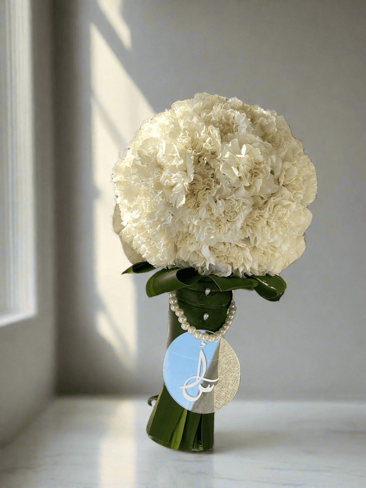 White Carnation Dome Bridal Bouquet - Twenty Three Flowers & Chocolate