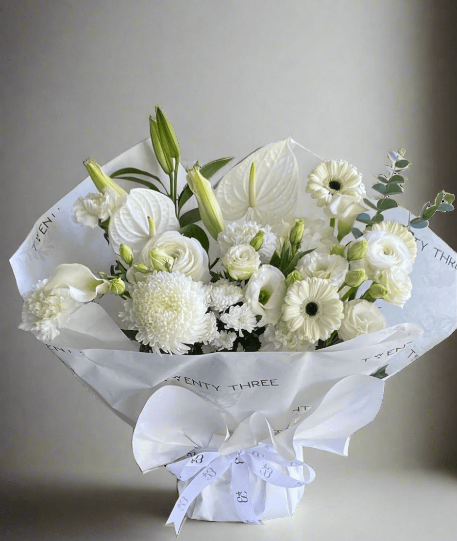White Chrysanthemum Bouquet - Twenty Three Flowers & Chocolate