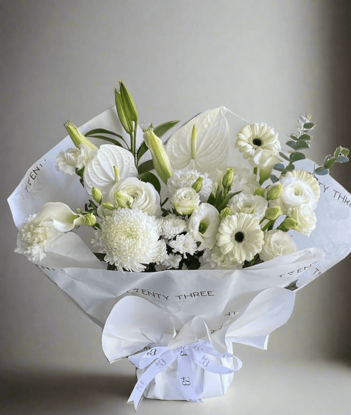 White Chrysanthemum Bouquet - Twenty Three Flowers & Chocolate