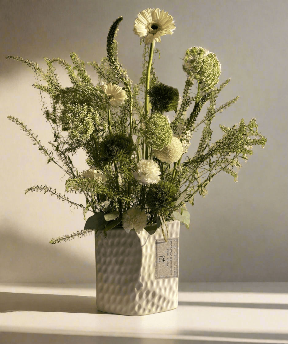 White Gerbera Vase - Twenty Three Flowers & Chocolate