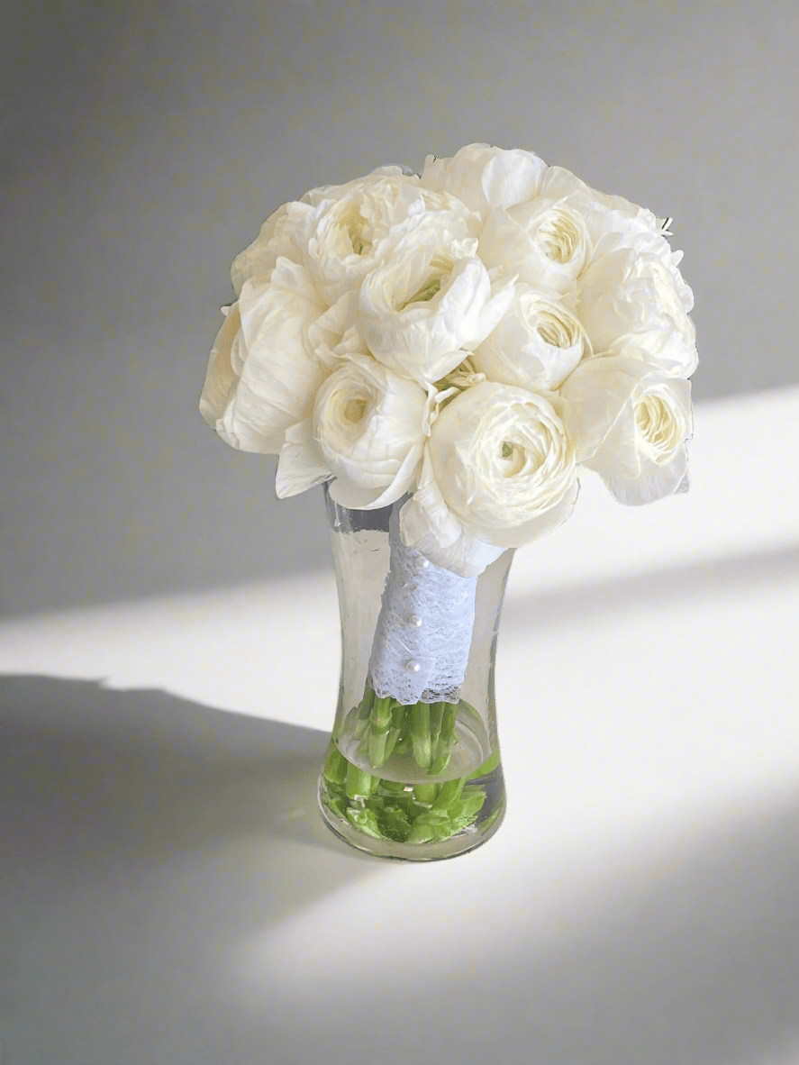 White Ranunculus Bridal Bouquet - Twenty Three Flowers & Chocolate