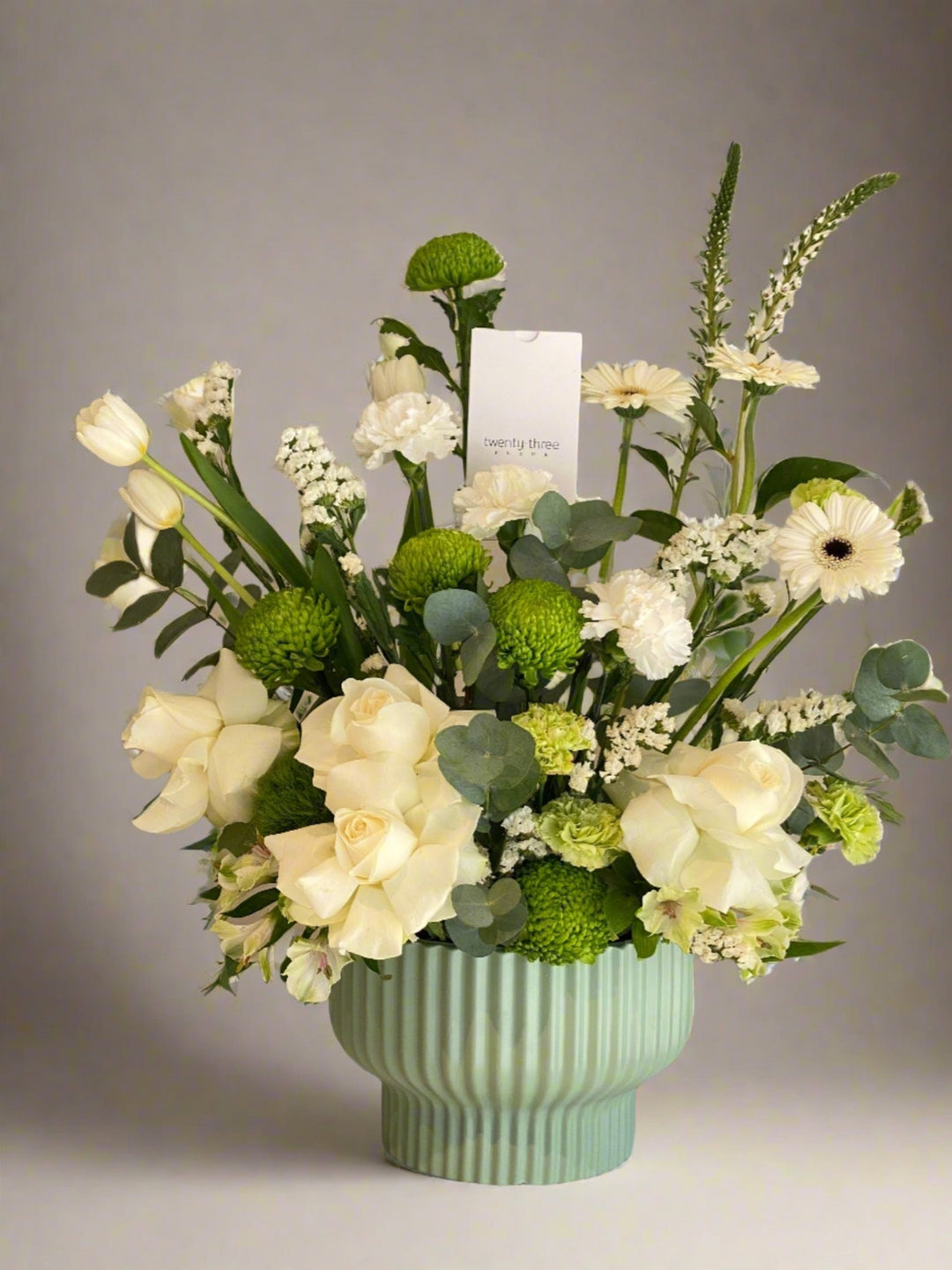 White Rose Vase - Twenty Three Flowers & Chocolate